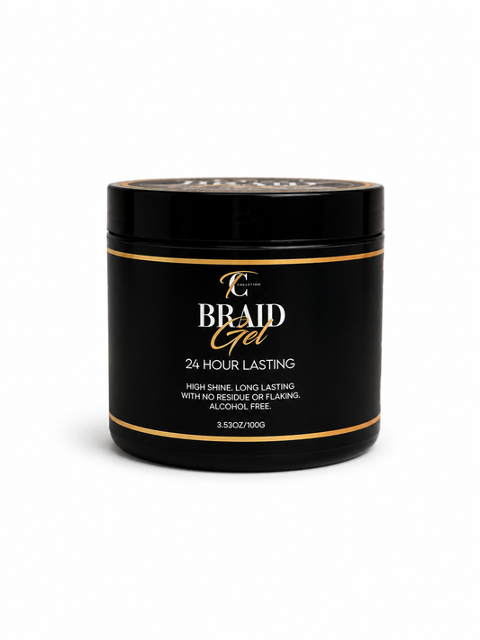 Black jar of Braid Gel with gold accents on a white background